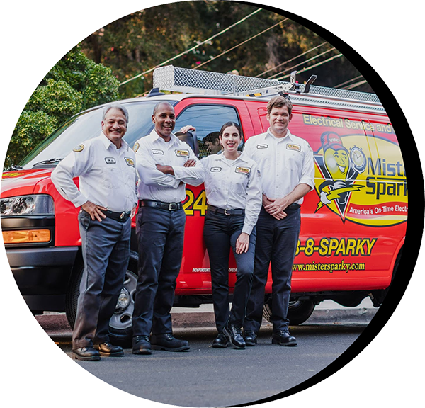 Employees standing in front of MisterSparky van.