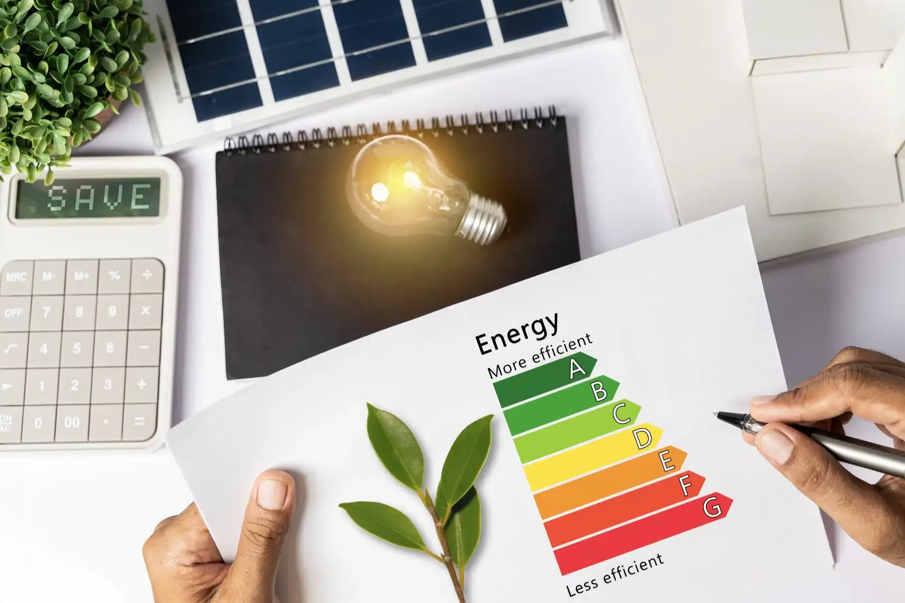 hand holding and using pen to review energy efficiency graph