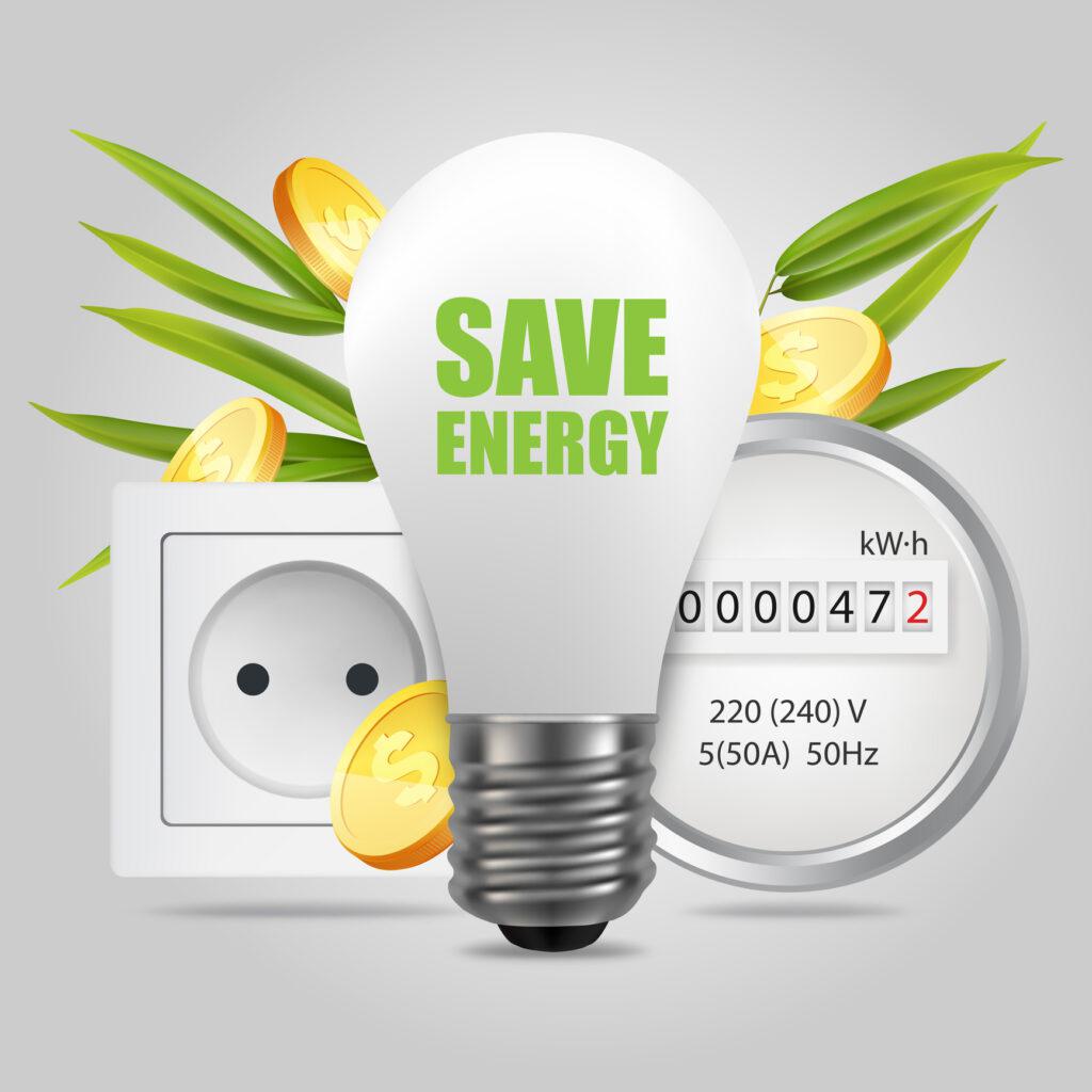 Graphic of light bulb with "save energy" in it