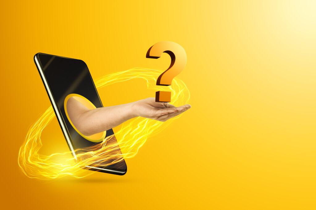 arm coming out of phone and holding question mark